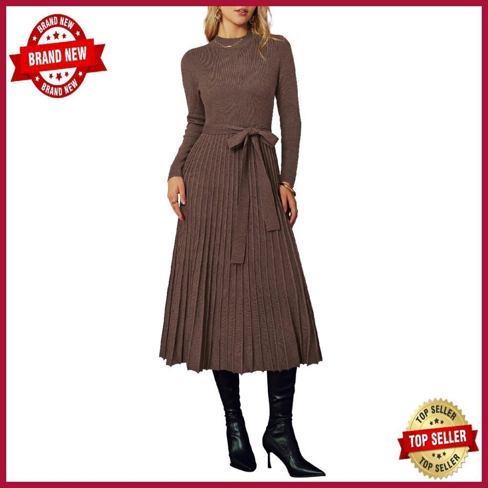 Wool Blend Mock Neck Tie Waist Pleated Sweater Dress Long Sleeve